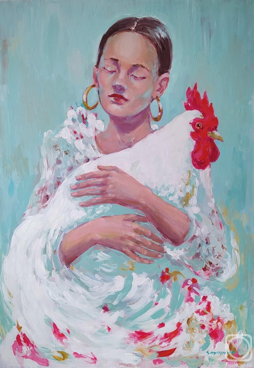 Sayapina Elena. Wearing a white rooster