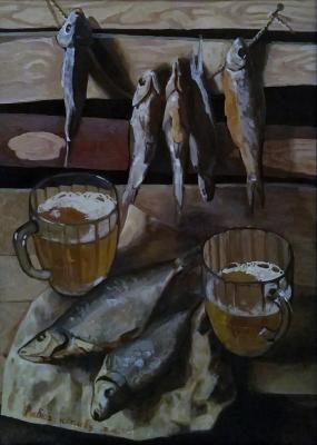 Still life with beer and fish. Popova Tatyana