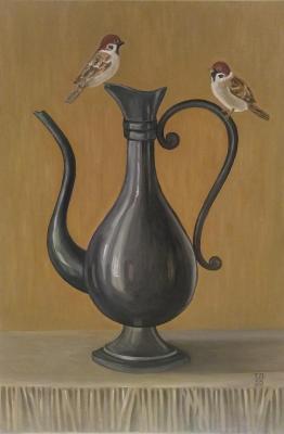 Two sparrows and an Oriental vessel. Popova Tatyana