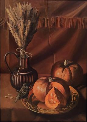 Still life with Sparrow and pumpkins. Popova Tatyana