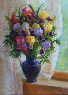 Shumakova Elena Valeryevna. Irises in a blue vase