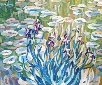 Free copy of Claude Monet 's painting Irises and Water Lilies, 1917