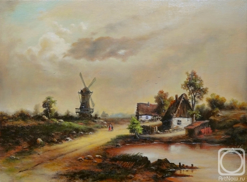 Borisov Sergey. Summer landscape with villagers and windmills (from the painting by Astudin N.L.)
