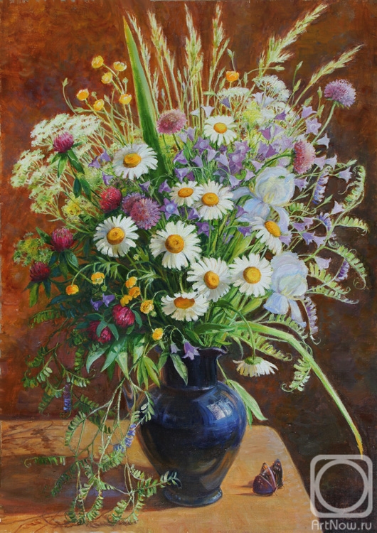Shumakova Elena. Bouquet with daisies and butterflies
