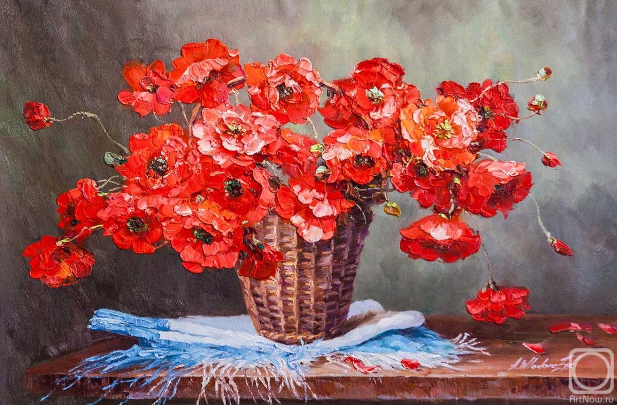 Vlodarchik Andjei. Bouquet of red poppies in a basket