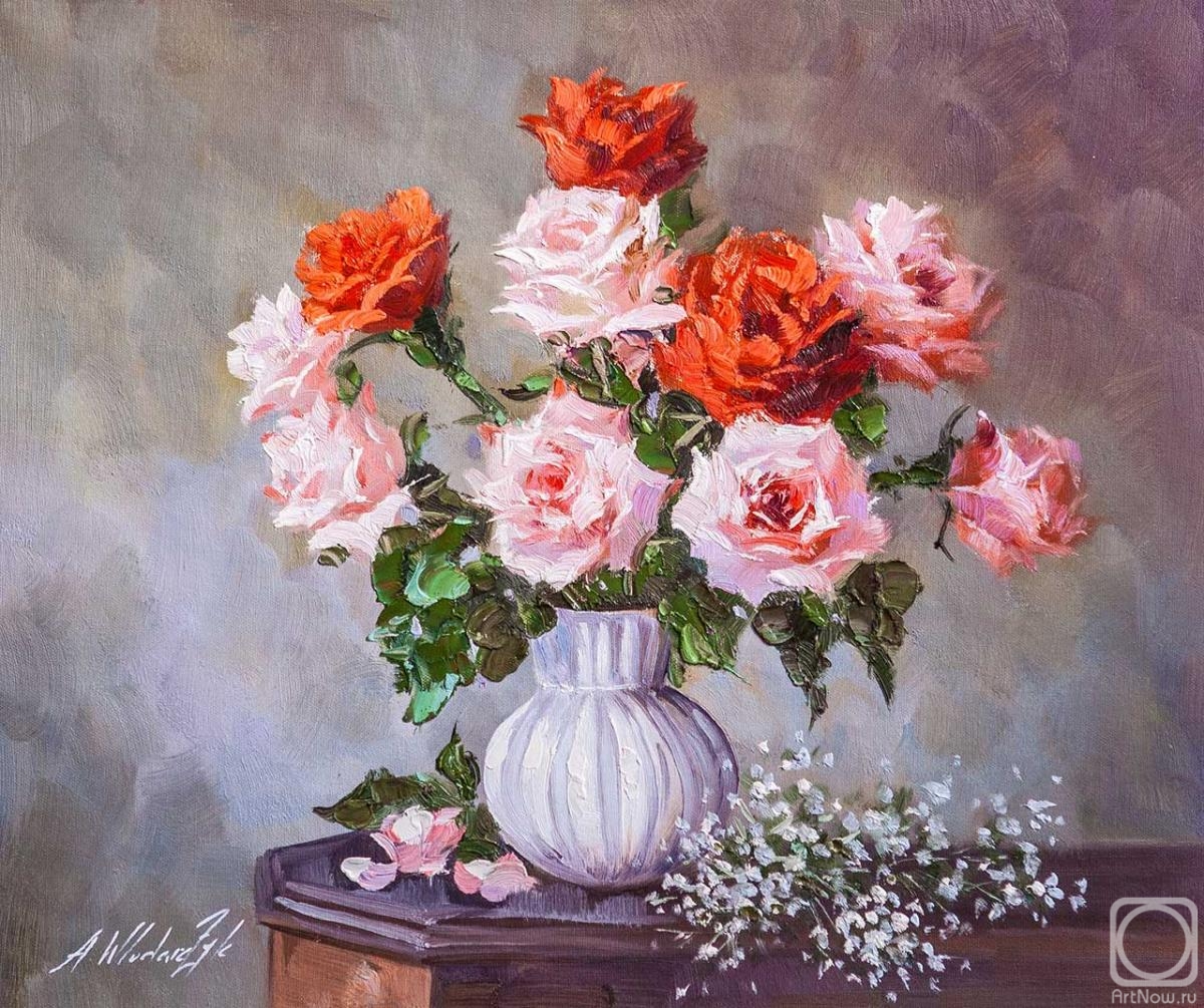 Vlodarchik Andjei. Bouquet of pink and coral roses in a vase