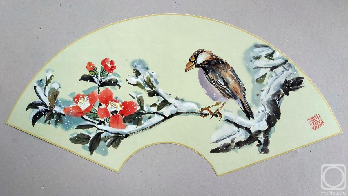 Mishukov Nikolay. Fan with bird and Camellia