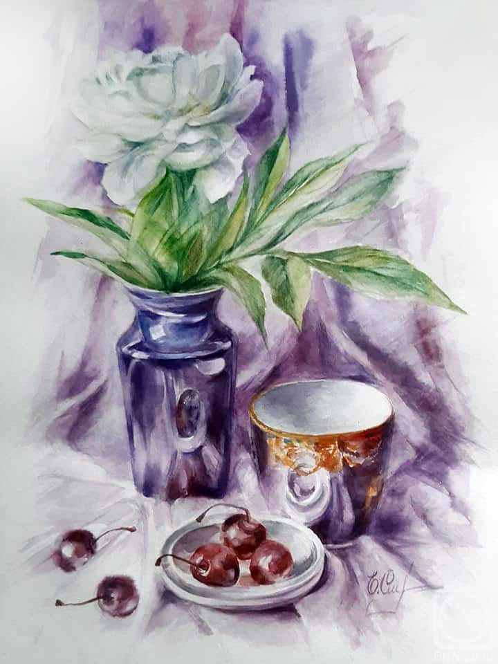 Sizova Elena. Watercolor, flowers, still life, cherries, peony