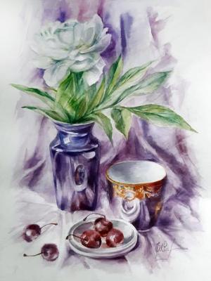 Watercolor, flowers, still life, cherries, peony