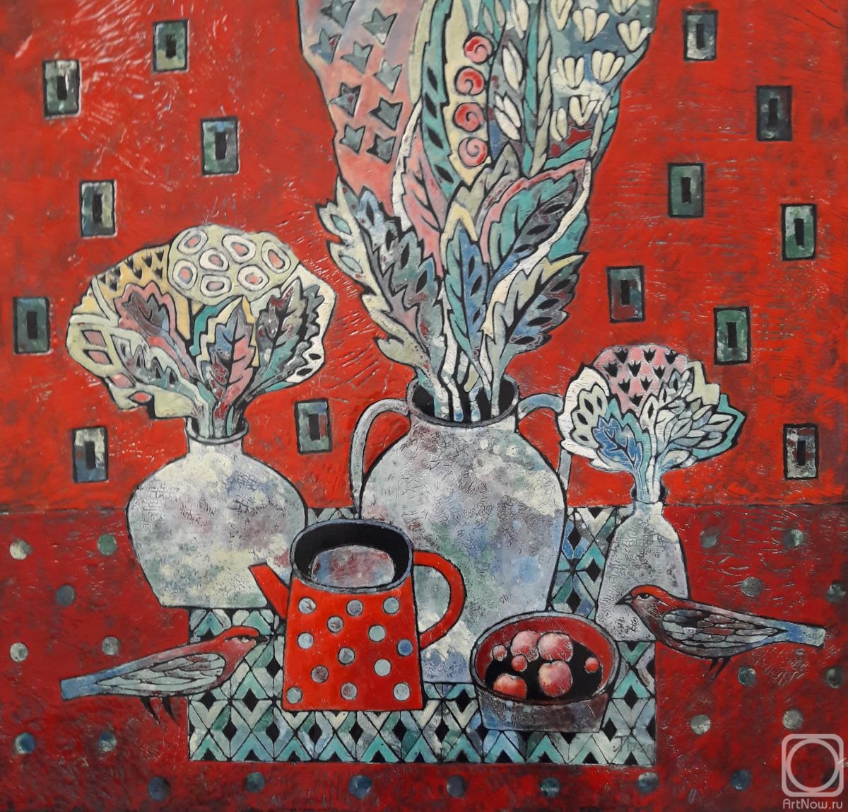 Baytsaeva Lyudmila. Flowers, birds and a red teapot