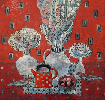 Flowers, birds and a red teapot. Baytsaeva Lyudmila