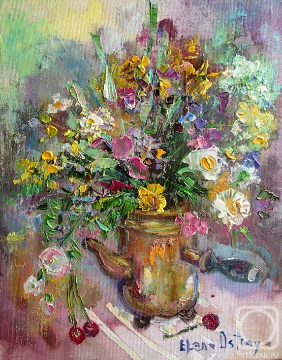 Ostraya Elena. Bouquet in a copper coffee pot