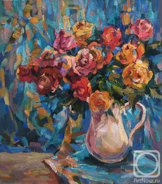 Bocharova Anna. Roses on the background of a turquoise scarf