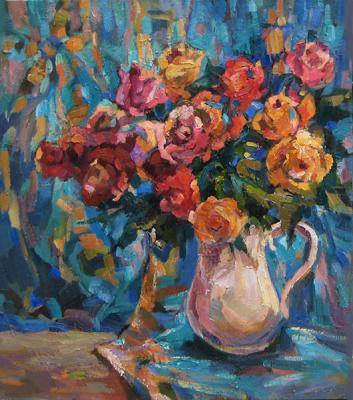 Roses on the background of a turquoise scarf. Bocharova Anna