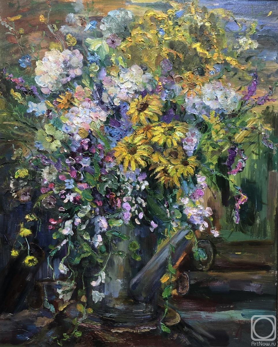 Rozhina Lilia. Flowers in a garden watering can