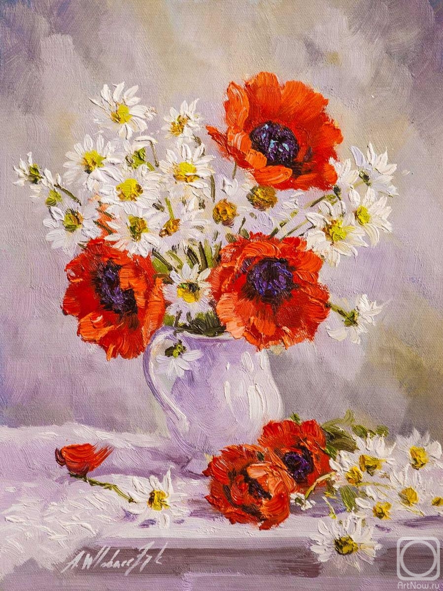 Vlodarchik Andjei. Poppies and chamomiles in a white jug