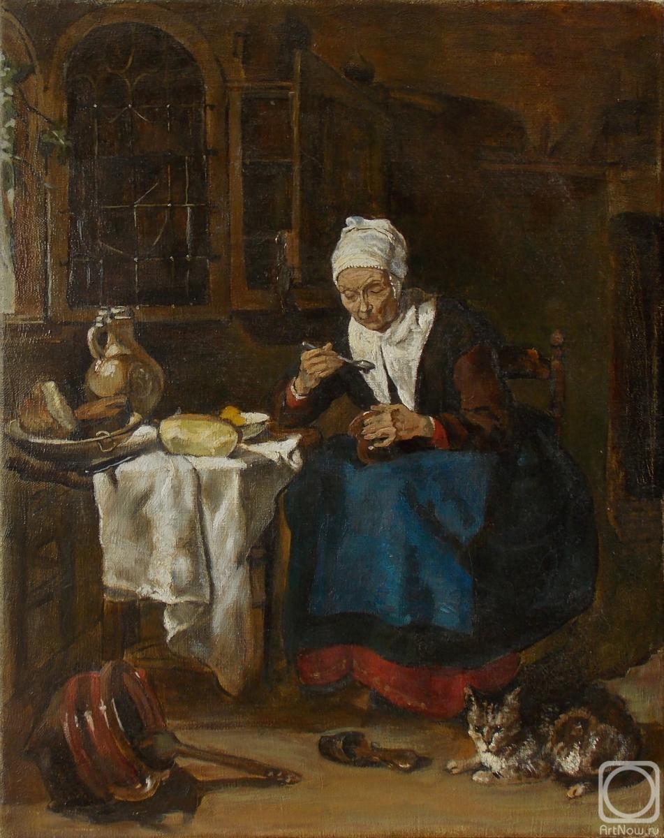 Homutova Alisa. Copy of the painting by G. Metsu "an Elderly woman eats porridge" 1657