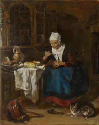 Copy of the painting by G. Metsu "an Elderly woman eats porridge" 1657