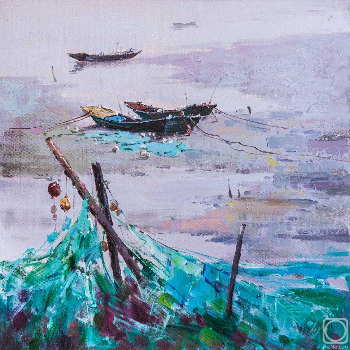 Gomes Liya. Landscape with fishing boats in turquoise colors