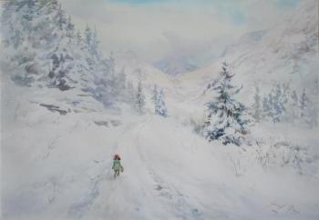 Little gnome walking through the Alps. Usachev Fedor