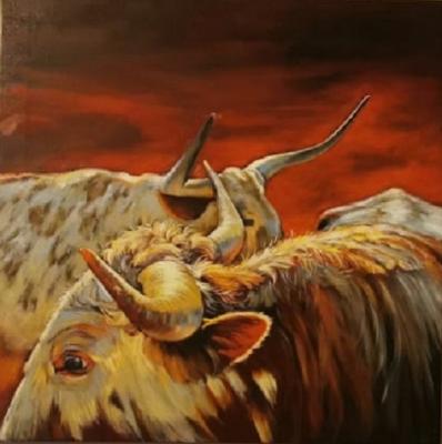 Bulls at sunset (Painting Of Bulls). Zorina Irina