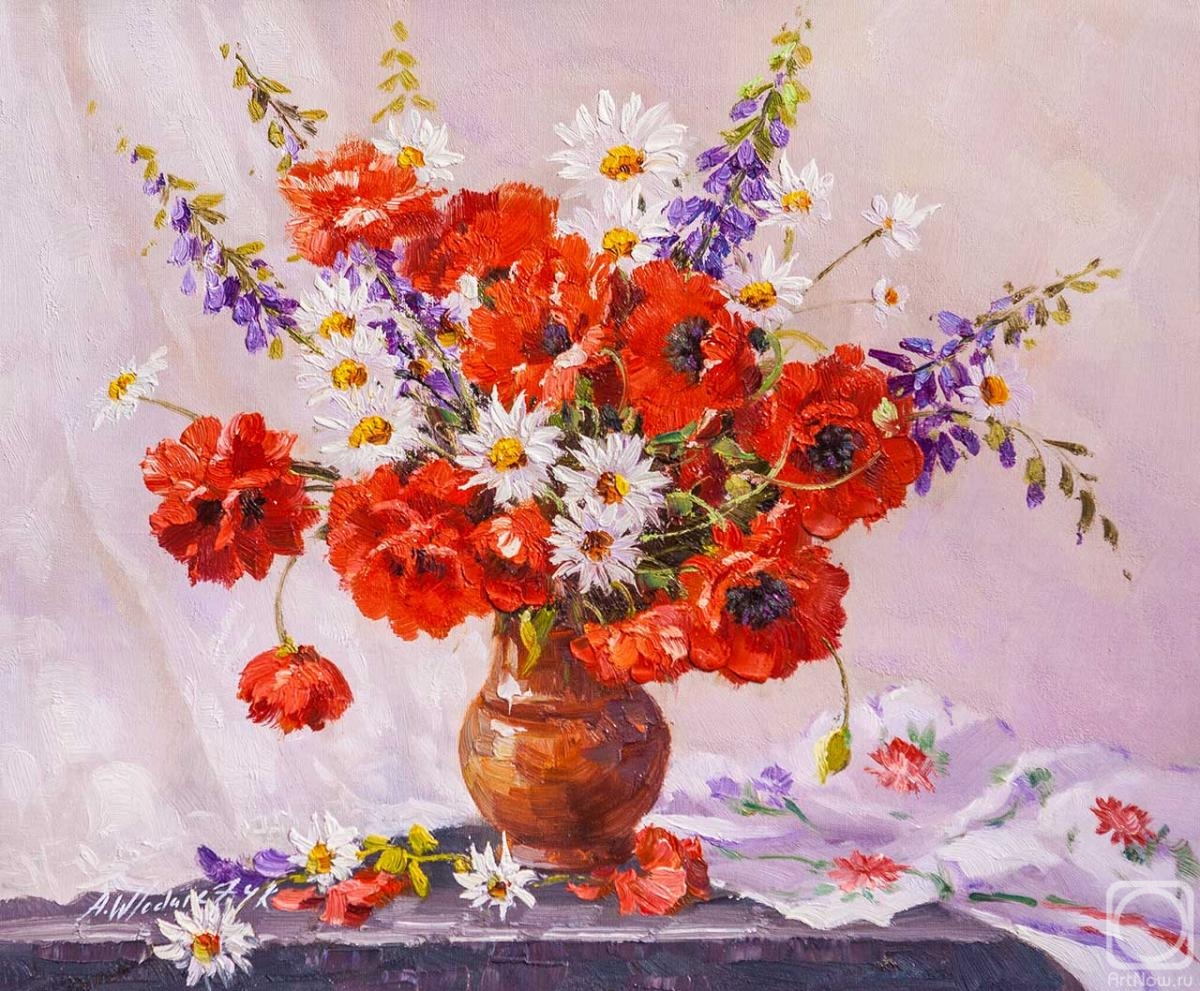 Vlodarchik Andjei. Bouquet of poppies and daisies in a clay vase