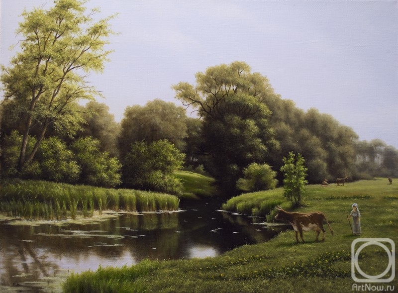 Borisov Sergey. Grazing by the river (from a painting by Peter Monsted)
