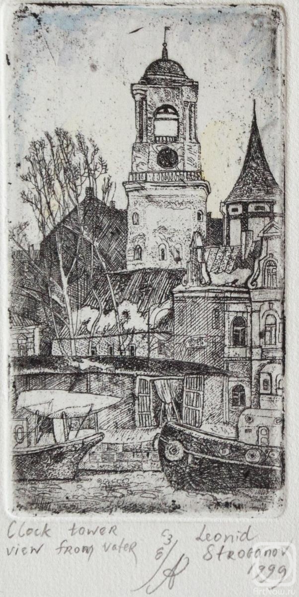 Stroganov Leonid. Clock tower, view from the water