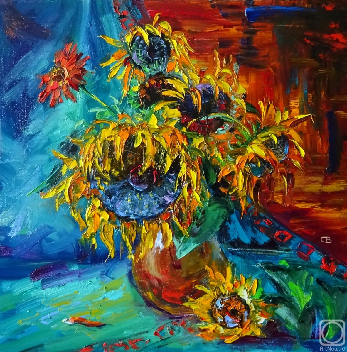 Razumova Svetlana. Sunflowers and red flower