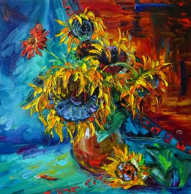 Sunflowers and red flower. Razumova Svetlana