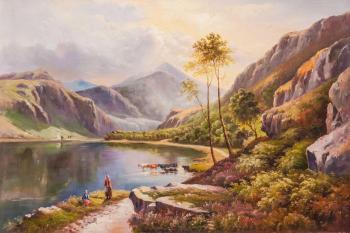 Near the mountain lake. Free copy of Percy Sidney Richard's painting. Llyn-y-Ddinas, North Wales
