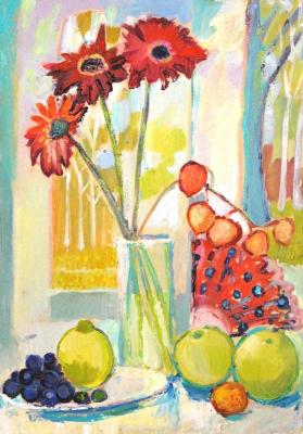 Still life with gerberas and a fan