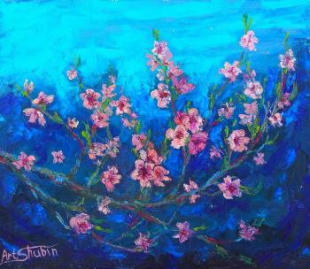 Peach on deep blue (Painting With A Blossoming Tree). Shubin Artyom