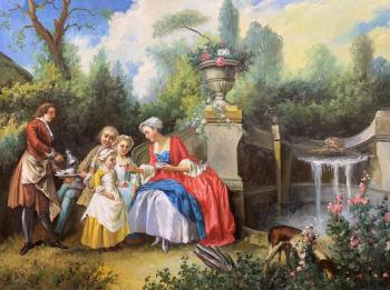A copy of N. Lancre's painting. Lady in the Garden, Giving Children Taste Coffee