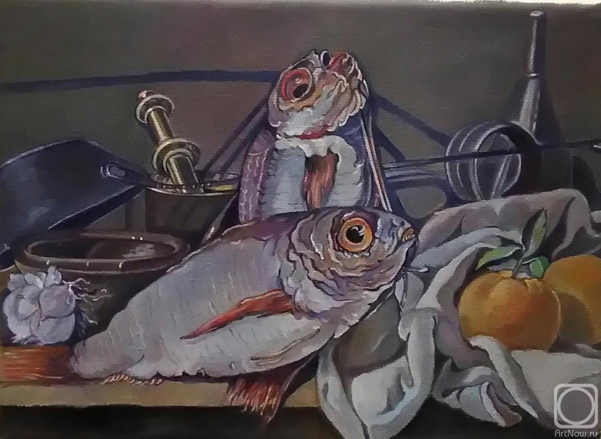 Mets Ekaterina. Still life with kitchen utensils and bream