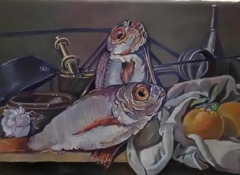Still life with kitchen utensils and bream. Mets Ekaterina
