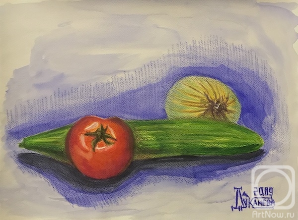 Lukaneva Larissa. Stilllife with onion, tomato and cucumber