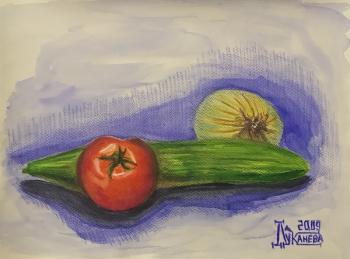 Stilllife with onion, tomato and cucumber. Lukaneva Larissa