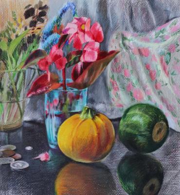Begonia in a blue glass and zucchini. Khasanova Sofia
