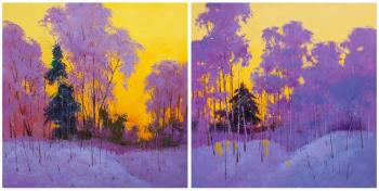 Golden sunset in the forest. Diptych. Gomes Liya