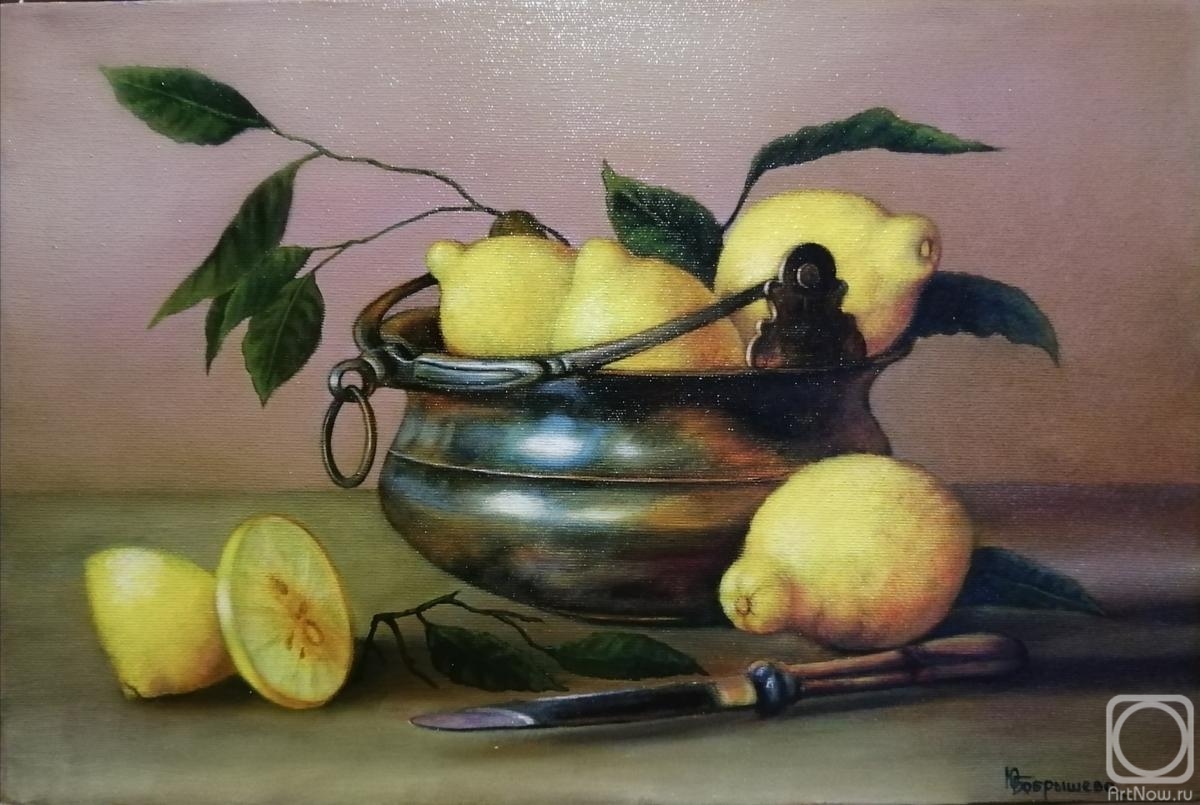 Bobrisheva Julia. Still life with lemons and a copper cauldron