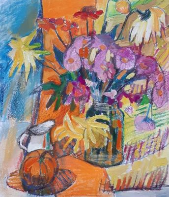 Still life with pumpkin (Yellow Asters Acrylic On Paper). Lyubimova Sofya