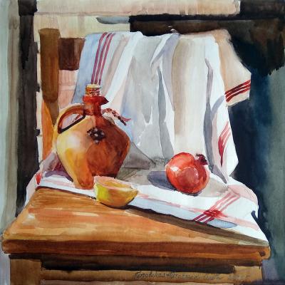 Still life with jug and pomegranate