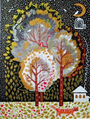 The first snow. Country house (Black Kitten). Busina Tatyana