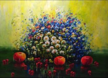 Still life with wild flowers and fruits