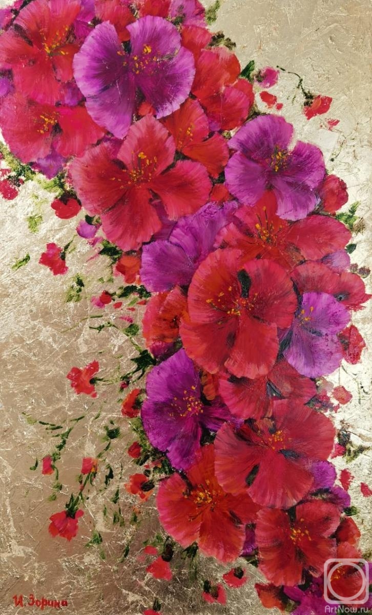 Zorina Irina. Red flowers. Interior flower series with gold leaf