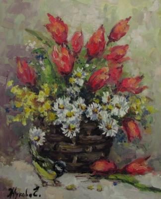 Basket of tulips (Chickadee). Zhukova Elena