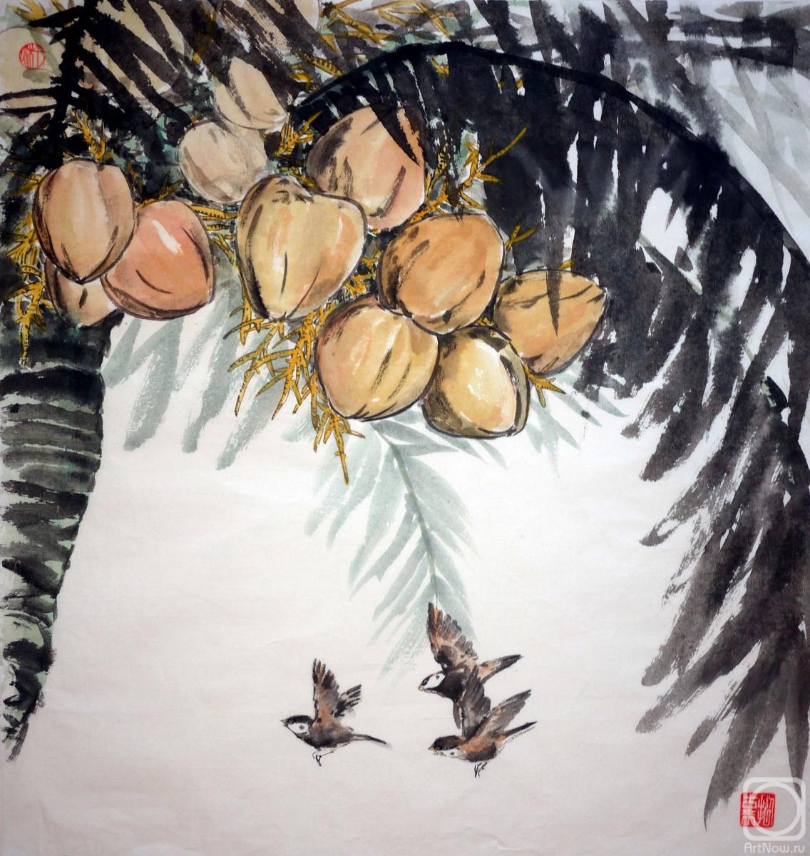 Mishukov Nikolay. Coconut tree and flying sparrows