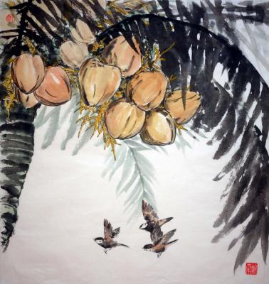 Coconut tree and flying sparrows. Mishukov Nikolay