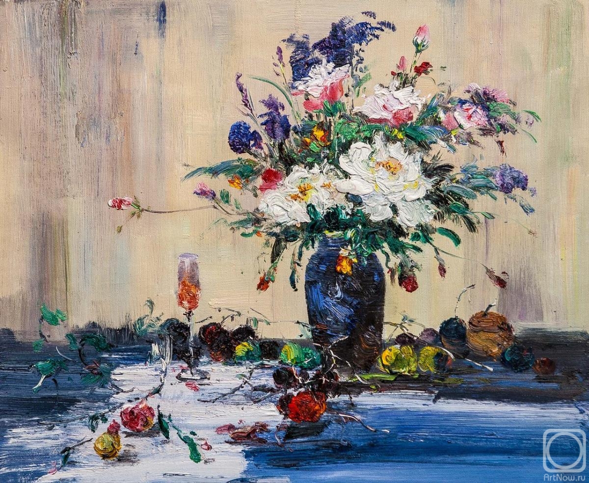 Gomes Liya. Still life with a bouquet of flowers in a blue vase and garden fruits